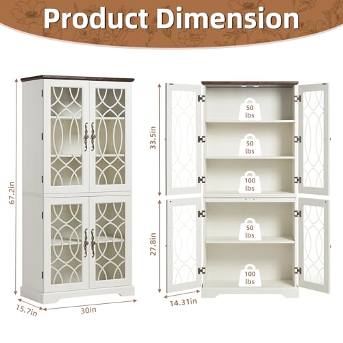 Image of Joaxswe 67 inch Tall Pantry Cabinet, Wood Kitchen Pantries Cabinets with Glass Doors & Adjustable Shelves, Freestanding Vintage Cupboard with Large Storage for Dining Room, Bathroom, Antique White