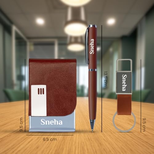 Image of Giftana Personalized Keychain with Pen and Card Holder with Name, 3 in 1 Customized Corporate Gift Set for Men and Women, Personalised Gifts for Employee (Brown)