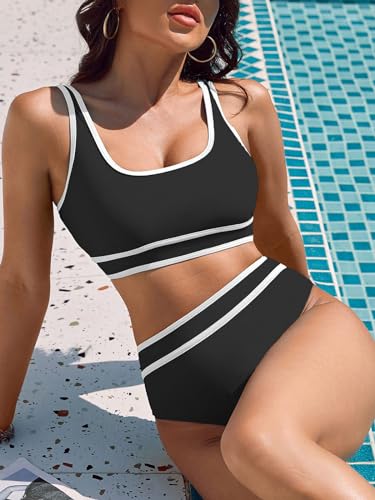 Genfien Damski dwuczęściowy strój kąpielowy Push Up Wyściełany biustonosz ze stretchem bikini z wysokim stanem, regulowane stroje kąpielowe, czarne, XL