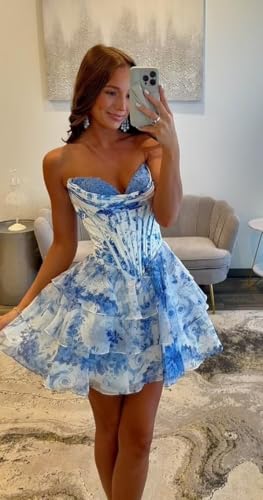 Floral Chiffon Homecoming Dress 2025 Strapless Laces Applique Tiered Ruffles Sweet 16 Dresses Short Prom Gown3