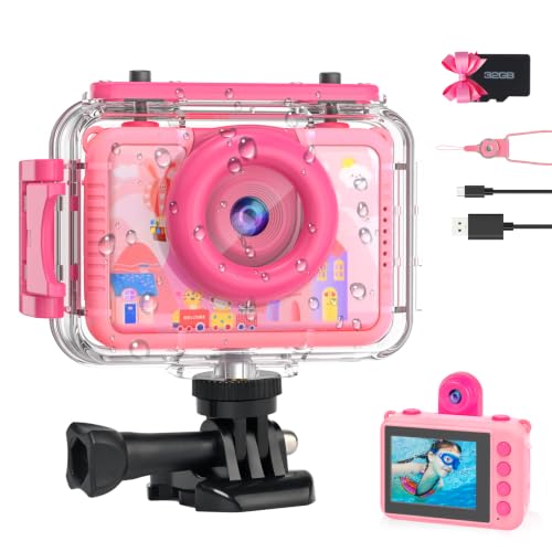 GKTZ Kids Waterproof Underwater Camera 1080P 4X Zoom 2"IPS Screen 32GB Card