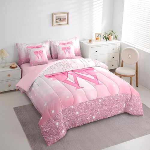 Image of Feelyou Boys Girls Pink Bowknot Comforter Set with Sheets Queen Size, Personalized Initial W 7 Pieces Bedding Set Princess Glitter Bed in A Bag Kids Bow Monogrammed Teens Bed Set Bedroom Decor 7Pcs