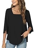 TAOHUADAO Womens 2023 Summer Casual Square Neck Loose Tunic Top for leggings 3/4 Sleeve Chiffon Blou