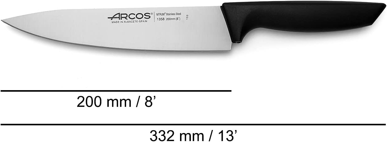 Arcos Chef Knife 8 Inch Nitrum Stainless Steel Blade - Polypropylene Black Handle - Lightweight and Durable for Everyday Use. Niza Series. Color Black. Niza Series