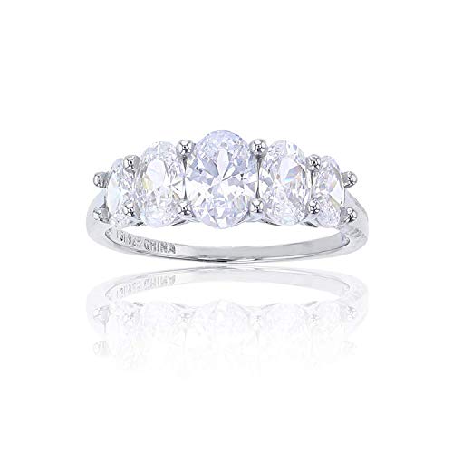 Sterling Silver Rhodium Oval 5 Stone Cubic Zirconia Graduated Anniversary Band Engagement Ring
