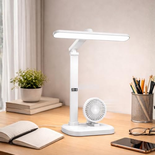 Image of One94Store BreezeGlow Pro Design Rechargeable LED Table Lamp with Fan | Touch Control Desk Light | 2400mAh Battery | Adjustable Brightness & Color Temperature | USB Powered | ABS Material | White