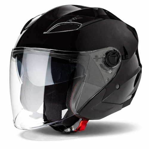VINZ Calobra Jethelm mit Sonnenblende und Visier | Roller Helm Motorradhelm | ECE 22.06 Zertifiziert | in Gr. XS-XXL - Schwarz