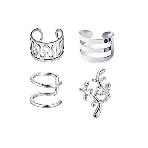 4 Pcs Stainless Steel Ear Clips Non Piercing Earrings Hoop Ear Cuffs Cartilage Ear Clips Set Non-Piercing Cartilage Clip On Wrap Earring Set for Men Women, 4 Various Styles (Set 1)