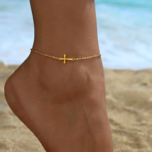 Image of NONAMOIS Ankle Bracelets for Women Dainty 18K Gold Plated Anklet Waterproof Round Beaded Paperclip Herringbone Pearl Chain Anklets Waterproof Beach Foot Jewelry