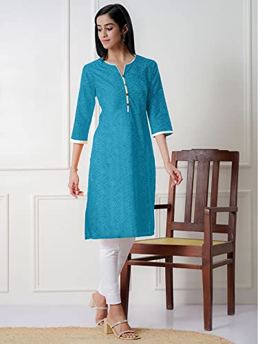 Image of rangita Turquoise Rayon Knee Length Printed Straight Kurti for Women | Kurta for Women