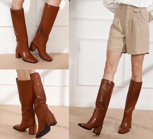Image of Women's Knee High Boots Chunky Heel Square Toe Side Zipper Tubular Leg Soft Brown PU Leather Classic Fashion Dress Long Boots 6M