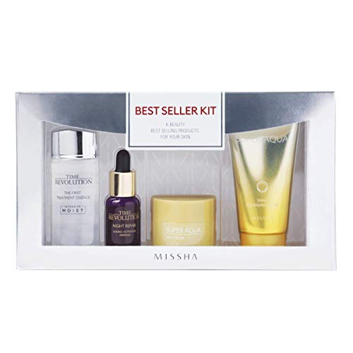 Missha Best Seller Kit, 4 Essential Travel Safe Products - First treatment Essence Moist, Night Repair Ampoule, Super Aqua Snail Cream, Snail Cleansing Foam