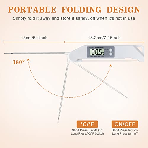Fyy Meat Thermometer, Digital Instant Read Food Thermometer, Foldable Long Probe Food Cooking Thermometer With °F/°C, Perfect For Kitchen Smoker Grill Bbq Water Milk Jam Hot Beverage White #TOP3