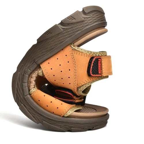 MILDSEVEN Classics Men's Real Leather Hiking Sandals, Fashion Open-Toe Sandals, Hollow Out Backpacking Beach Shoes,8,Gold2