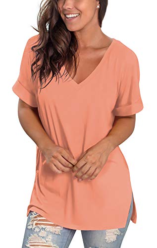 Image of SAMPEEL Women's V Neck T Shirts Casual Rolled Short Sleeve Side Split Summer Tops Loose Fit