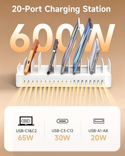 20-Port 600W Moezuti Charging Station for Multiple Devices with 10 Cables | GaN5 Dual 65W Multi-device Charging Dock , Fast Charger Station for Laptop Macbooks iPhone Samsung Galaxy Android Tablet
