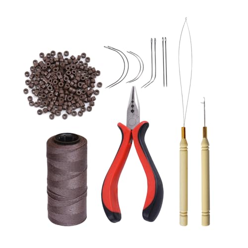 Image of Hair Extensions Tool Kit: 200 Pcs Silicone Lined Micro Links Beads, 1 Three Hole Hair Pliers, 1 Roll Sewing Thread, 1 Loop Needle Threader, 1 Pulling Hook Needle, 8 Sewing Needles (Brown)