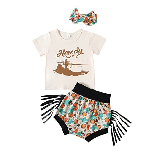 Image of Bingqiling Western Baby Summer Clothes Toddler Cowgirl Outfit Horse Boots Cactus Short Sleeve Shirt and Shorts Set + Headband