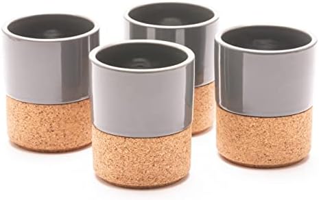 Grey Double Espresso Cups Set of 4 - Modern Ceramic Coffee Cup Mug 4oz with Removable Cork Sleeve - Stackable - Handleless