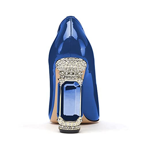 Image of JANSEVEN Women Chunky Heels Pumps Crystal Block Heels with Rhinestones Pointed Toe Sexy Gradient Patent Leather Slip on Bridal Party Wedding Dress Shoes 5-13 M US