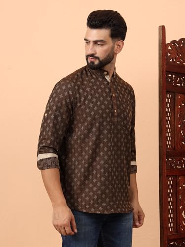 Image of LATEST CHIKAN Men's Cotton Regular Self Design Short Kurta Full Sleeves - Casual Ethnic Wear