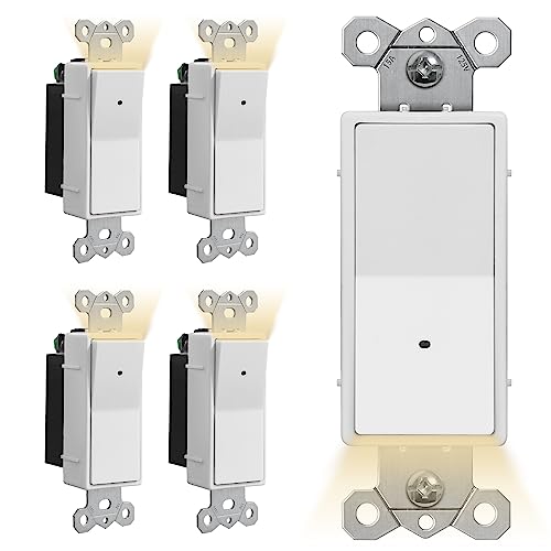 [5 Pack] Cml Illuminated Light Switch, Single Pole Decorator Paddle Rocker Wall Switch With Led Night Light, Dusk To Dawn Automatic On/Off Light Sensor, 15A 120V Grounding Wire, White #TOP8