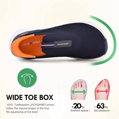 Image of JACKSHIBO Mens Slip in Free up Hands Shoes Wide Toe Box Arch Support Orthopedic Walking Sneakers Cushioned Thick Zero Drop Sole Metatarsal Pads
