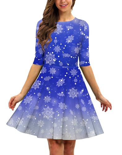 Ainuno Christmas Party Dresses for Women Snow Dress 2025 Snowflake Printed Winter Festive Holiday Themed Dresses,Blue Snowflake L