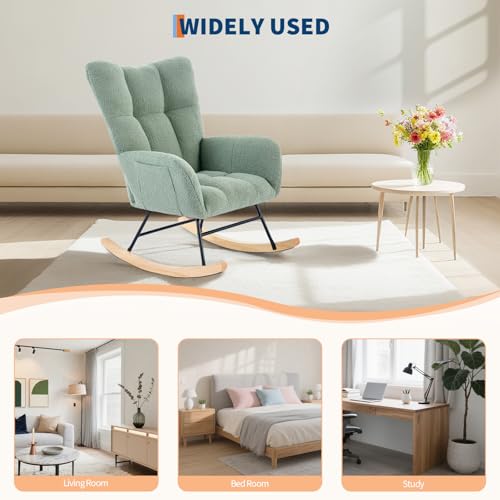 Image of Teddy Upholstered Rocking Chair for Nursery, Fluffy Glider Rocker for Adults - Ideal for Small Spaces, Perfect Nursing Chair for Living Room, Bedroom, Green