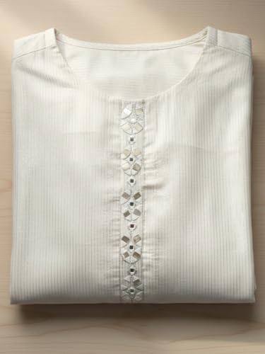 Image of Varanga Women Off-White Half-Sleeve Buttoned Kurta