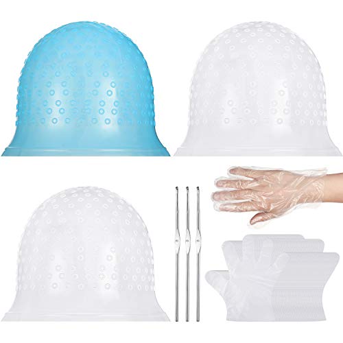 3 Set Highlight Caps with Hook Needles Reusable Silicone Hair Coloring Cap Hair Dyeing Cap and 50 Pieces Disposable Gloves for Highlighting Tools, Blue and White