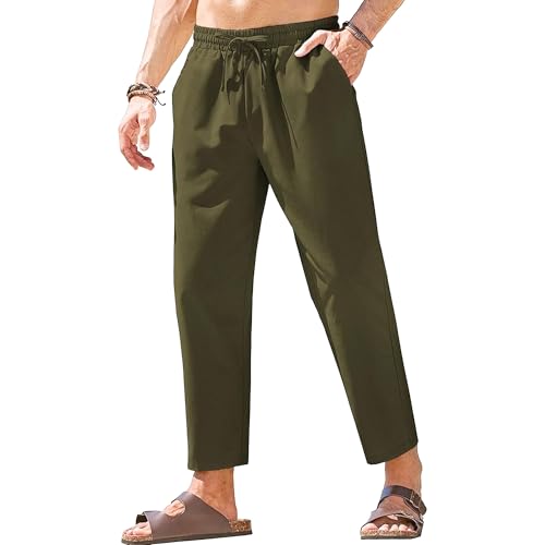 Qolkmuiy-GJ Men's Cotton Straight Yoga Pants Lightweight Casual Beach Trousers Fashion Elastic Waist Summer Pajamas (Green,4X-Large)