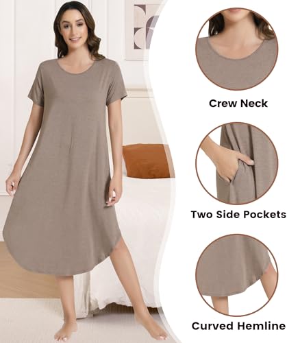 Image of NACHILA Nightgowns for Women-Viscose Made from Bamboo, Short Sleeve Nightshirts Cool Sleep Dress Long Sleep Shirt