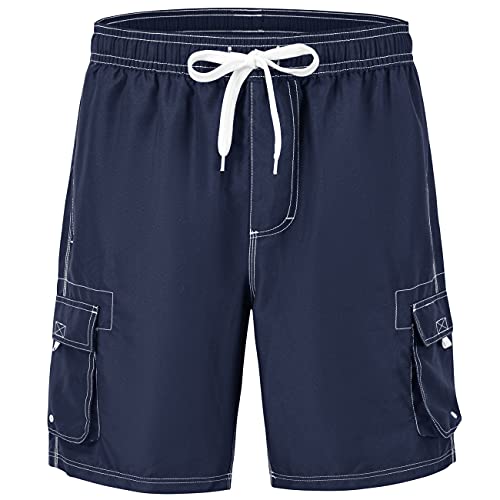 donhobo Men Board Shorts Quick Dry with Pockets Swim Trunks Summer Fashion Beach Shorts Swimwear (Navy,L)