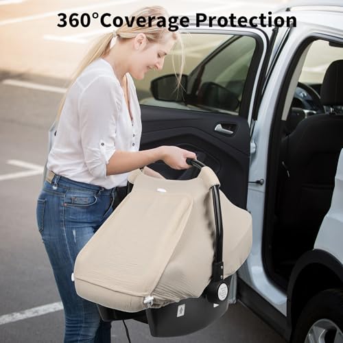 Image of Rquite Car Seat Cover Baby, Carseat Covers Girl Boy, Breathable Muslin Cotton, Large Mesh Window, Infant Car Seat Canopy Baby Carrier Cover Stroller Sun Shade for Summer & Hot Day, Beige