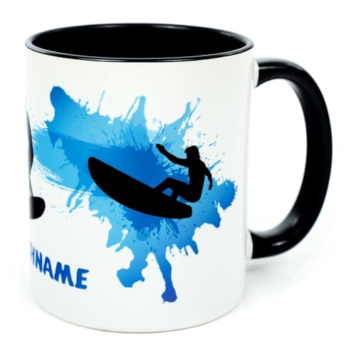 Surf Tasse mit Namen personalisiert Surfer Surferin Becher Geschenk zum Geburtstag Surfen Zubehör Damen Herren Frau Mann Kinder Erwachsene Equipment Wassersport Surfing Deko Gadget Keramik 330 ml