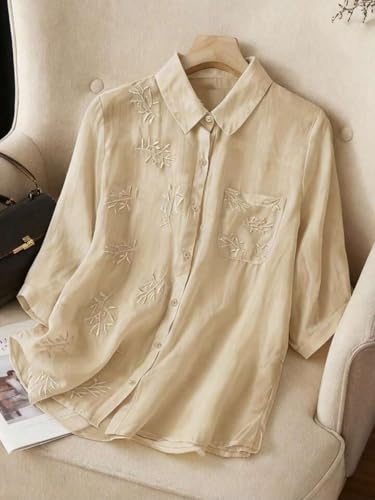 Image of Gufrina Women Embroidered Button Down Shirt with Floral Leaf Thread Work Collared Neck Half Sleeves Relaxed Fit Casual Office Wear Shirt