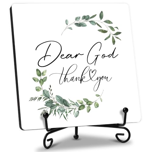 FUQWZ Rustic 'Dear God Thank You' Wooden Plaque - Christian Decor with Iron Stand - Simple Prayer Sign for Home, Church & Office - Inspirational Gift for Thanksgiving & Holidays. (049)