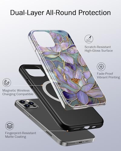 Image of Goodon for iPhone 12 Pro Case /iPhone 12 Case Cute - Wireless Charging Compatible - Dual-Layer Hard Shell + Silicone Cover - Protective Phone Case, Trendy Designs for Women - Abstract Lotus