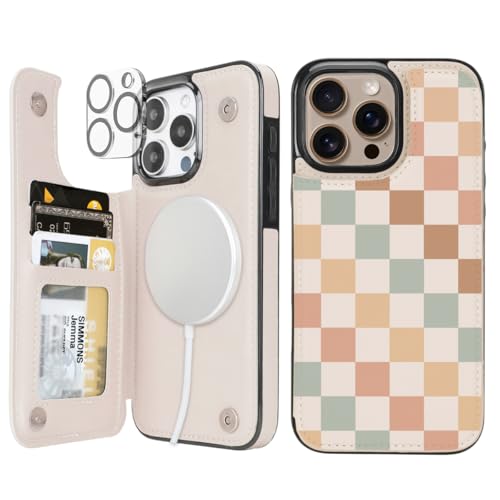 uCOLOR for iPhone 16 Pro Max 6.9 Wallet Case Magsafe with Card Holder SlotCompatible with MagSafe Folio Flip PU Leather Double Magnetic RFID Design with Camera Lens Protector (Pastel Check Vibes)