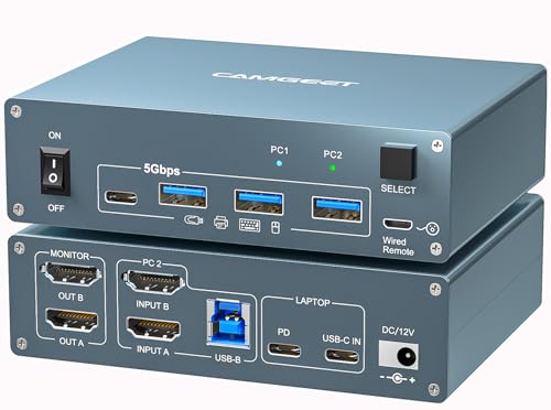 Camgeet KVM Switch 2 PC 2 Monitores HDMI USB C 4K @ 60Hz Dual Monitor KVM Switch para Portátil y Escritorio, con 4 puertos USB 3.0, 80W PD Laptop Charge, HDMI KVM Switch USB C con Control remoto con