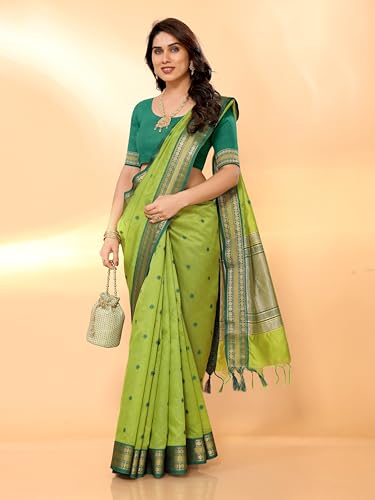 Image of Sidhidata Women's Cotton Silk Jacquard Boardered Saree With Unstitched Blouse Piece (Kalyani)