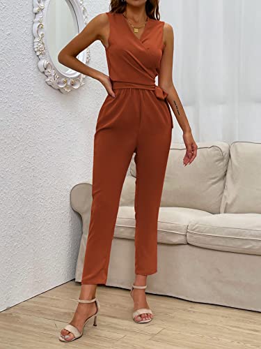Shein Women's Causal Deep V Neck Tie Side Wrap Sleeveless Drawstring Waist Jumpsuits Rust Brown Xs #TOP4