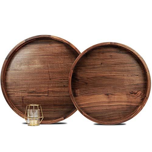 MAGIGO Set of 2 Large Round Black Walnut Wood Ottoman Tray with Handles Serve Tea Coffee Classic Wooden Circular Decorative Serving Tray 1618 inches