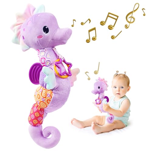 Image of Sumobaby Infant Baby Musical Stuffed Animal Activity Soft Toys with Multi-Sensory Crinkle, Rattle and Textures, for Tummy Time Newborn 0-3-6-12 Months Boys, Girls, Seahorses, Purple