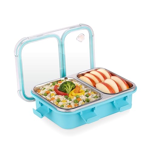 Image of ATTRO Duo Meal Stainless Steel Lunch Box with 2 Partition, Microwave Safe, Airtight Leakproof Silicone Seal Lid, BPA-Free Food Grade Tiffin Box for Office School Kids - 650ml - Blue