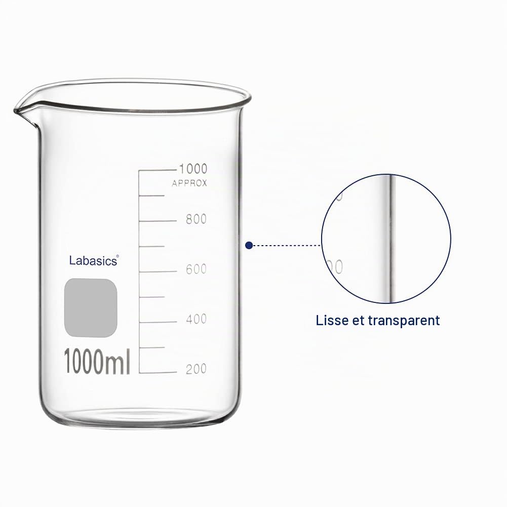 Labasics Ensemble de Béchers en Verre, Verre Borosilicate Gradué en Forme Basse de Béchers Griffin en 5 Tailles, 50ml/100ml/250ml/500ml/1000ml (1L), Pack Combiné
