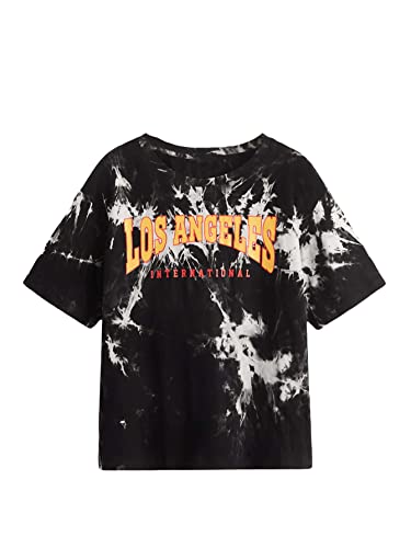 Cozyease Boys' Cartoon And Letter Graphic Round Neck Summer Tee Short Sleeve T Shirt Top Black And White 11-12Y #TOP17