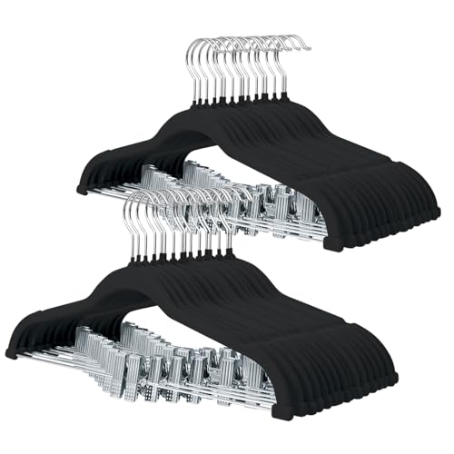 ManGotree Trouser Hangers with Movable Clips, Non-slip Velvet Clothes Hangers, Space-saving Skirt Hangers for Shirts, Pants, Dresses, Skirts, Coats (32 Pack, Black)
