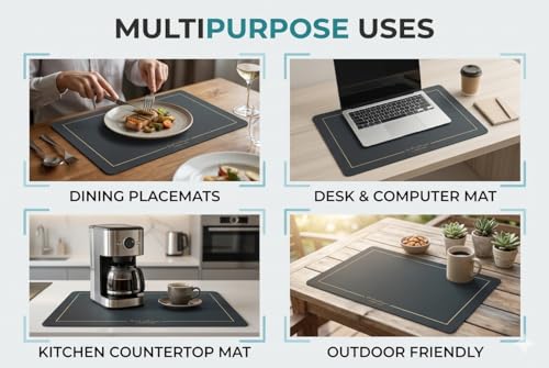 Image of Dribble Premium PU Leather Placemats Set of 4, Double Layer Waterproof Heat Resistant, Non-Slip Easy Clean Dining Table Mats for Kitchen, Dining & Office Desk, Reversible & Smooth Finish- (Grey)